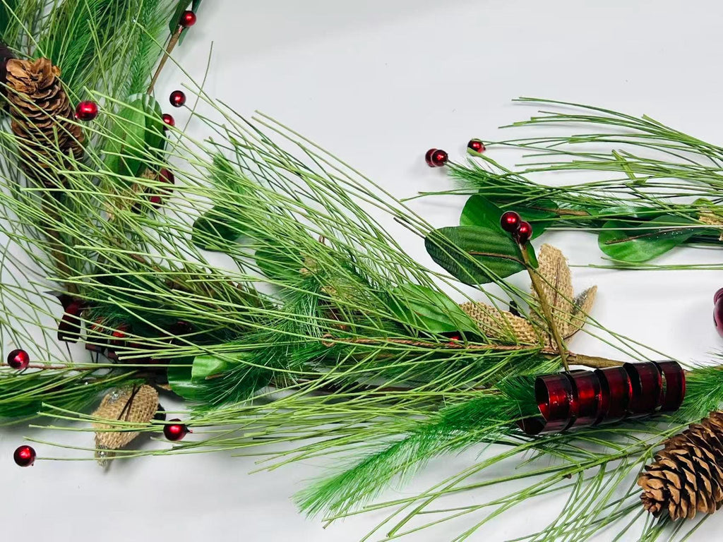 5ft Christmas Pine Garland with Pinecones, Red Bells, Berries & Rustic Burlap Accents