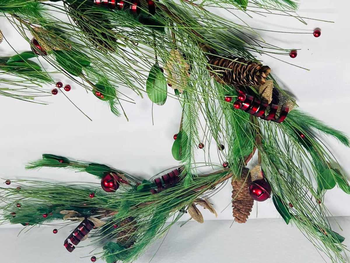 5ft Christmas Pine Garland with Pinecones, Red Bells, Berries & Rustic Burlap Accents
