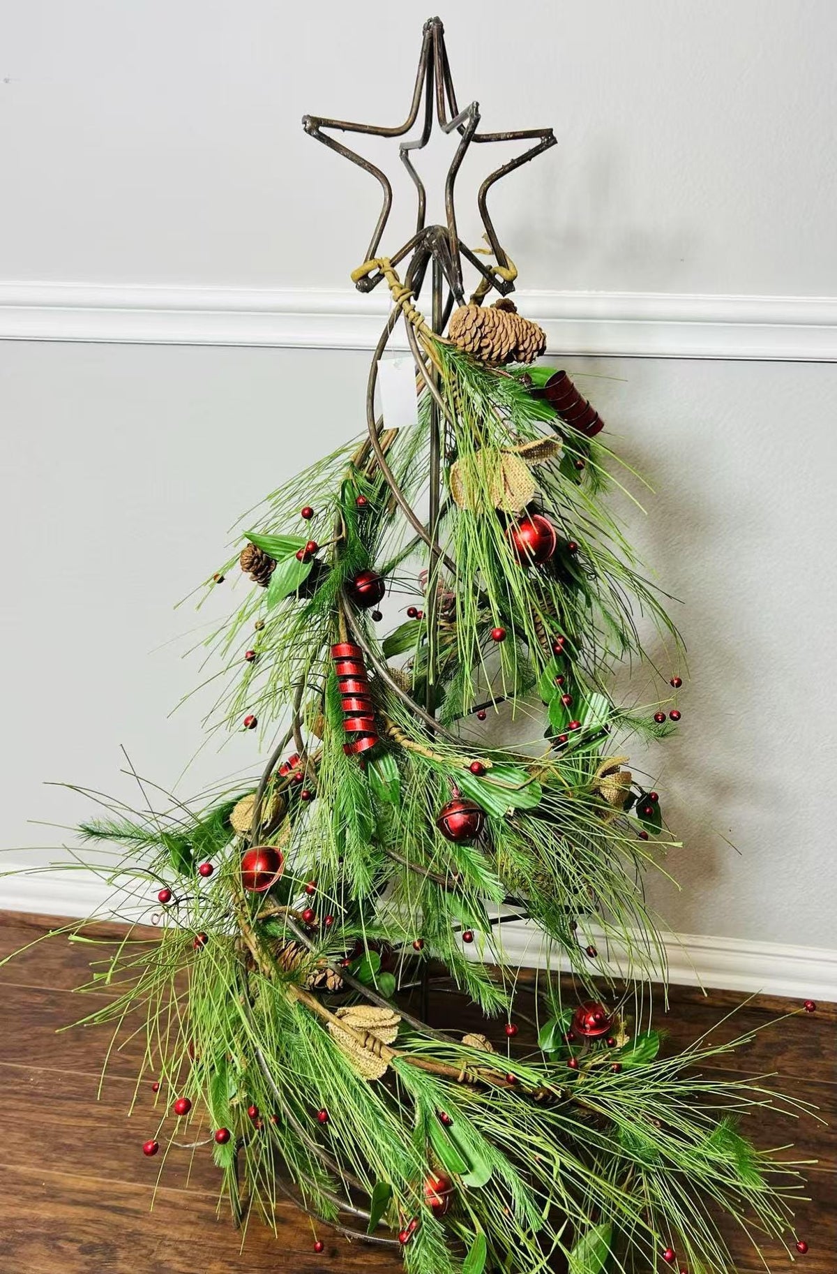 5ft Christmas Pine Garland with Pinecones, Red Bells, Berries & Rustic Burlap Accents