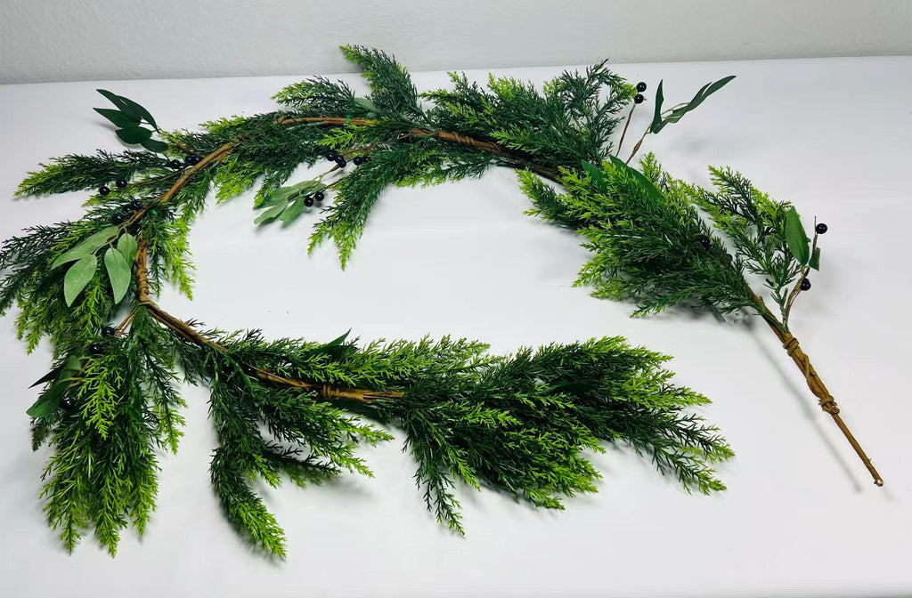 5ft Real Touch Cedar Garland with Olive Leaves & Berries | Greenery Christmas Decor