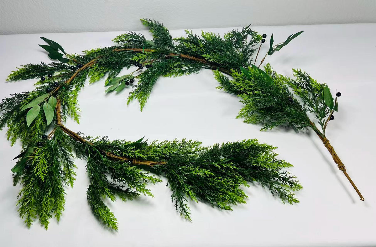 5ft Real Touch Cedar Garland with Olive Leaves & Berries | Greenery Christmas Decor