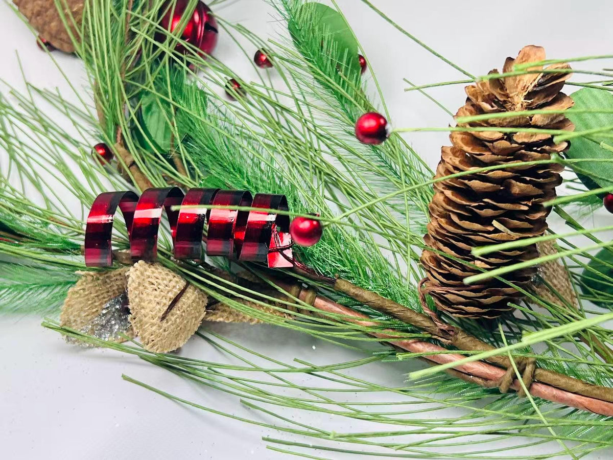5ft Christmas Pine Garland with Pinecones, Red Bells, Berries & Rustic Burlap Accents