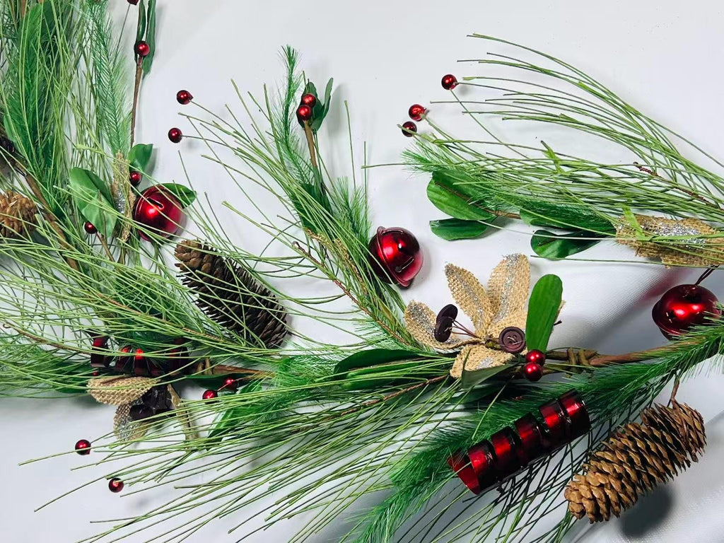 5ft Christmas Pine Garland with Pinecones, Red Bells, Berries & Rustic Burlap Accents