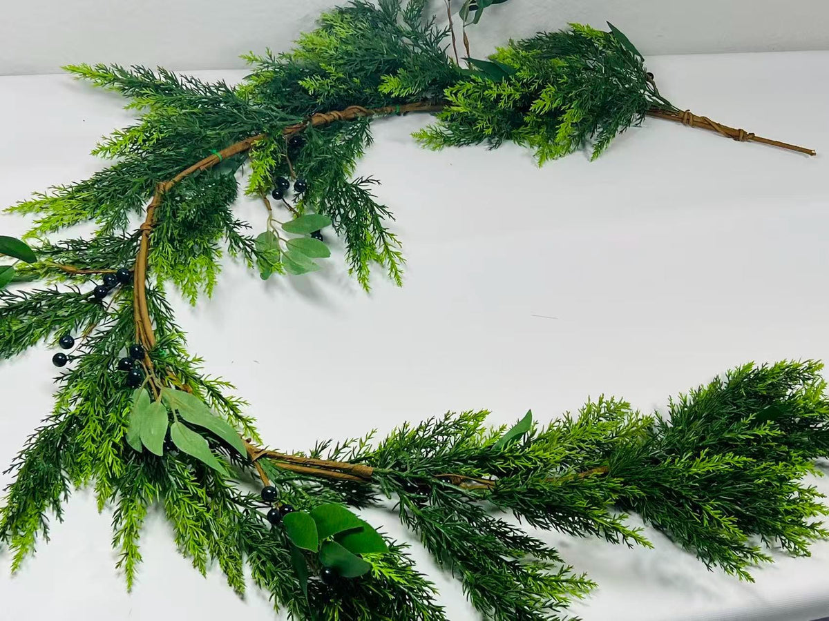 5ft Real Touch Cedar Garland with Olive Leaves & Berries | Greenery Christmas Decor