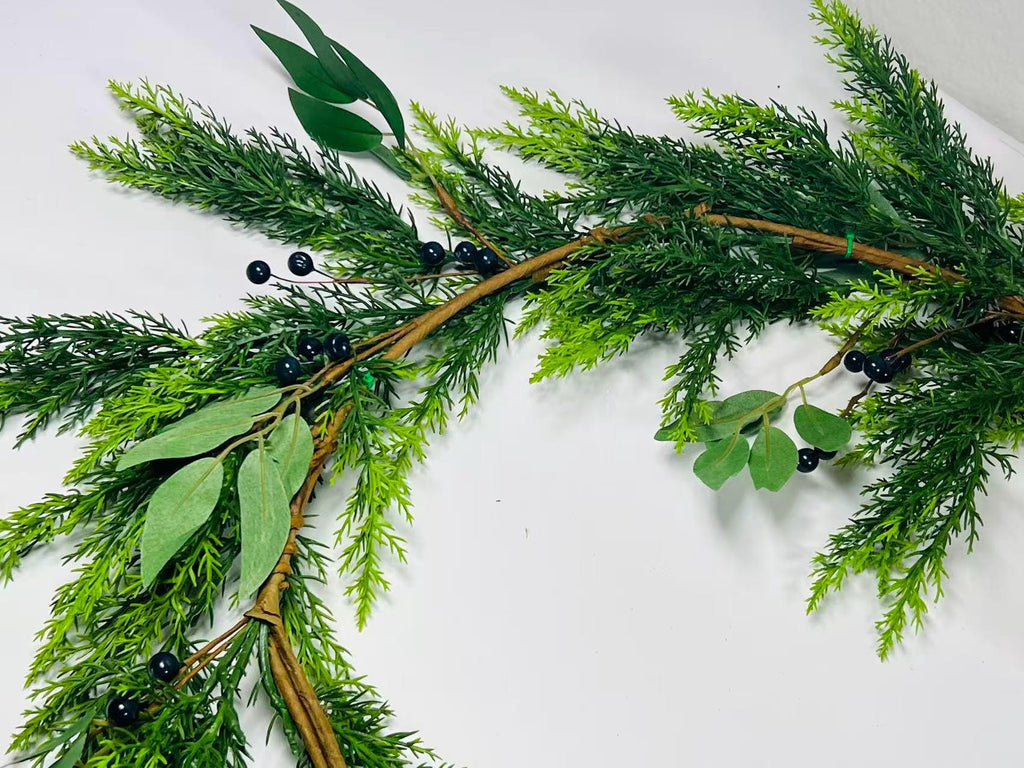 5ft Real Touch Cedar Garland with Olive Leaves & Berries | Greenery Christmas Decor