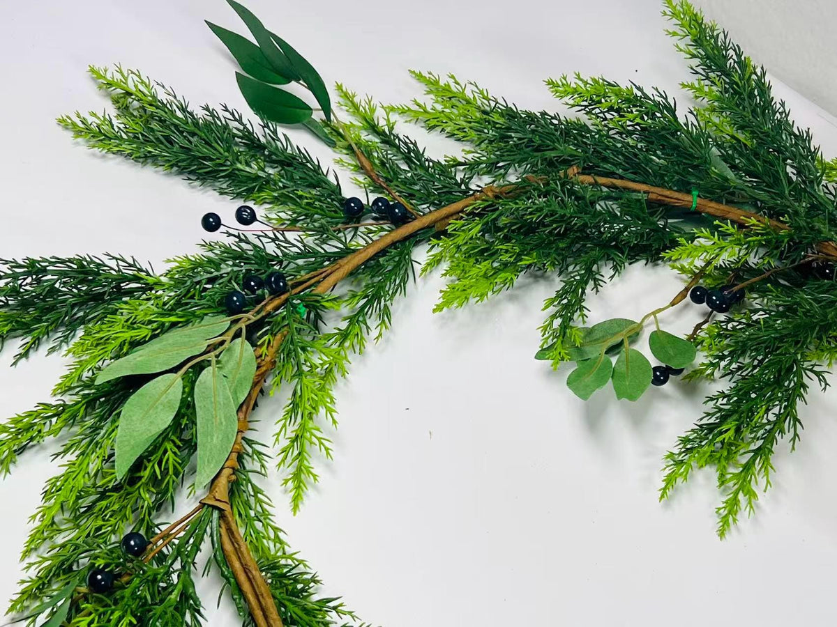 5ft Real Touch Cedar Garland with Olive Leaves & Berries | Greenery Christmas Decor