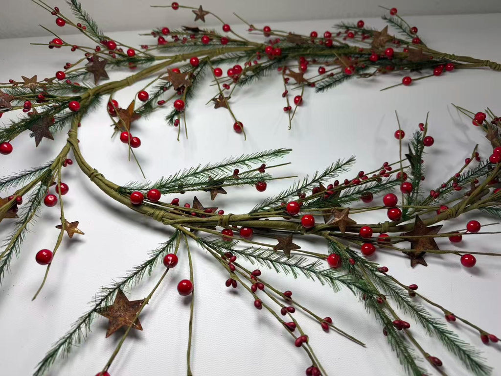 55 Inch Rustic Christmas Garland with Red Berries, Pine Greenery & Metal Stars Farmhouse Decor