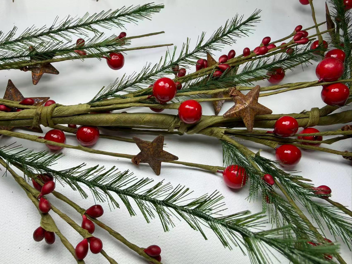 55 Inch Rustic Christmas Garland with Red Berries, Pine Greenery & Metal Stars Farmhouse Decor