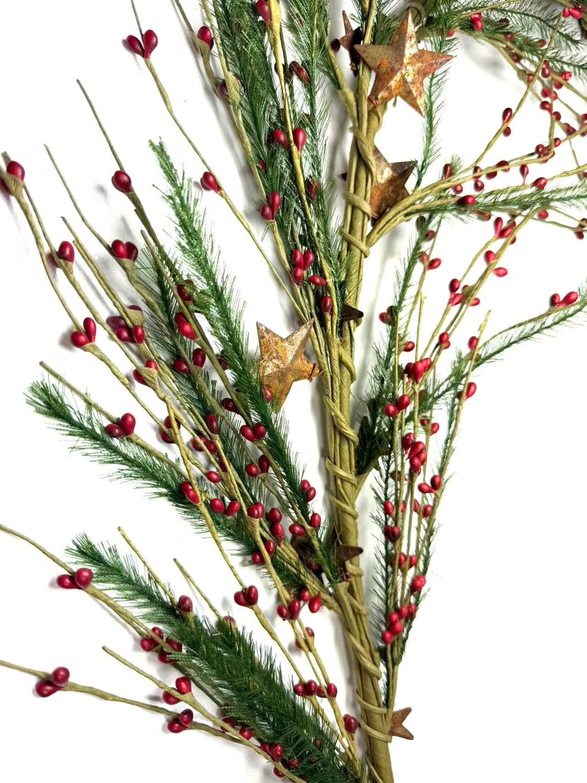 Rustic Christmas Garland with Red Pip Berries & Pine - Farmhouse Holiday Decor with Rusty Stars