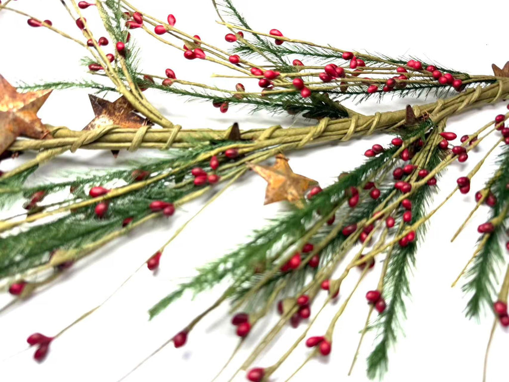 Rustic Christmas Garland with Red Pip Berries & Pine - Farmhouse Holiday Decor with Rusty Stars