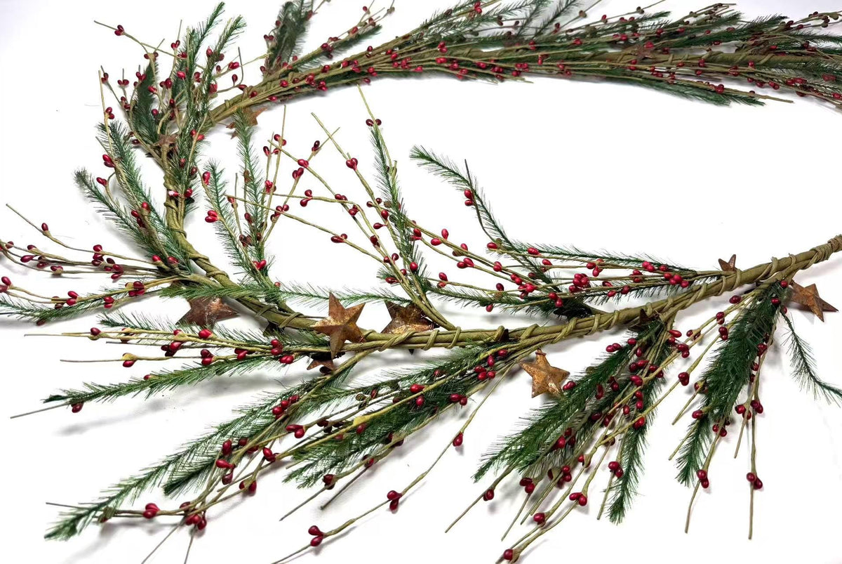Rustic Christmas Garland with Red Pip Berries & Pine - Farmhouse Holiday Decor with Rusty Stars