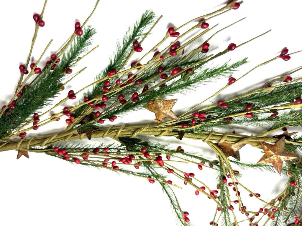 Rustic Christmas Garland with Red Pip Berries & Pine - Farmhouse Holiday Decor with Rusty Stars