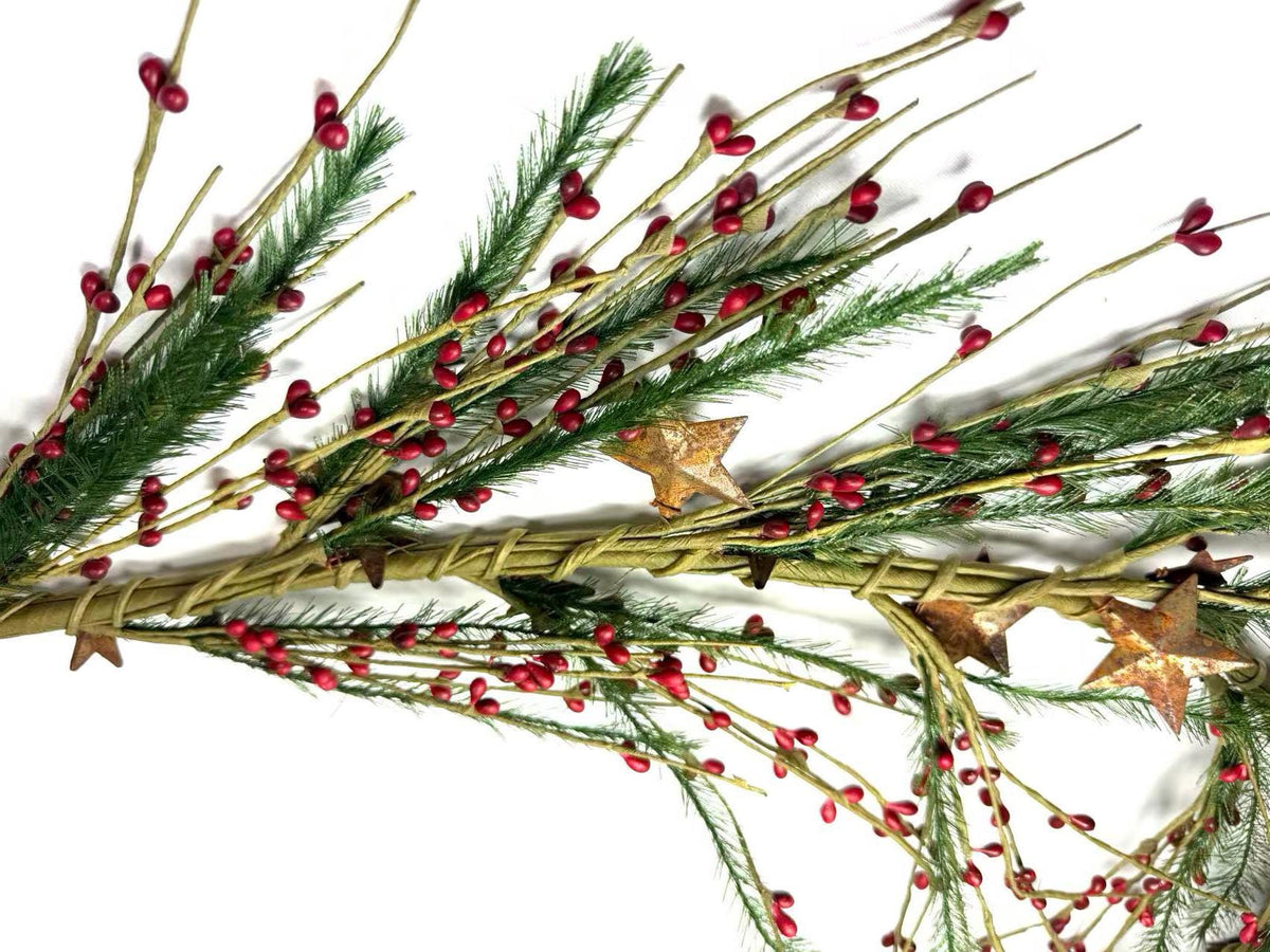 Rustic Christmas Garland with Red Pip Berries & Pine - Farmhouse Holiday Decor with Rusty Stars