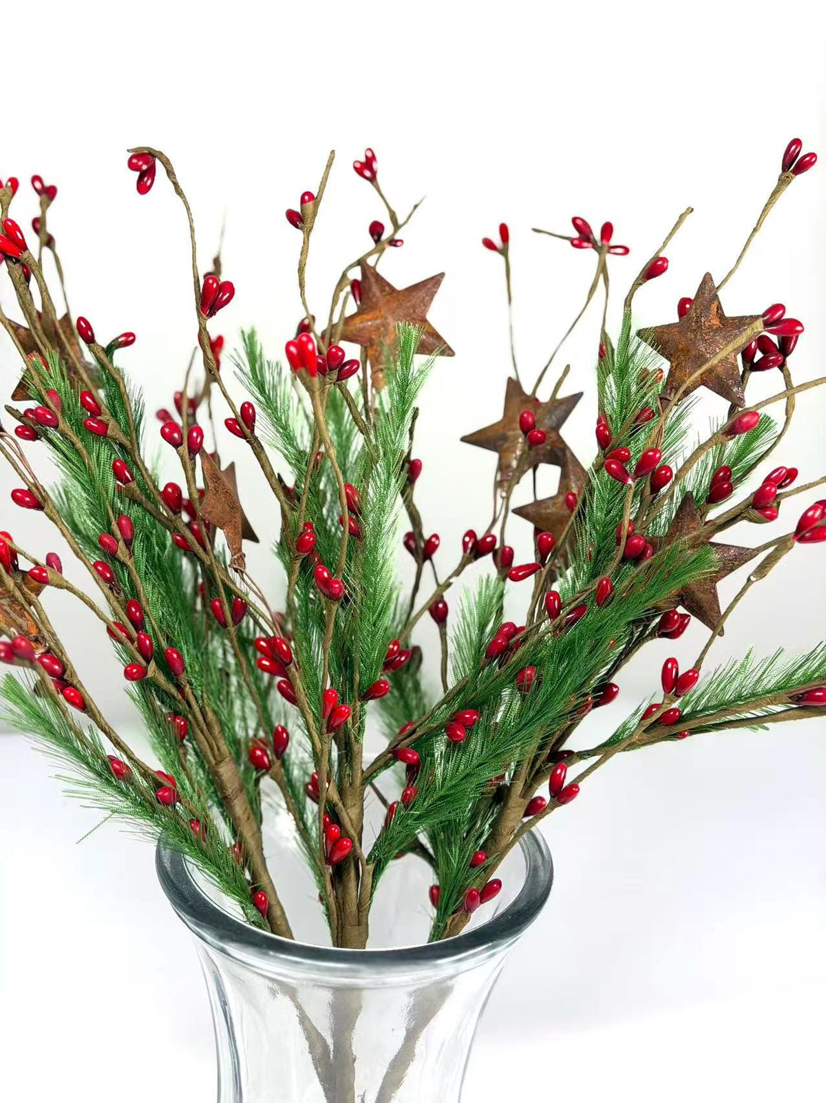 Rustic Christmas Berry Pick with Rusty Stars & Pine | 14” Holiday Farmhouse Floral Stem