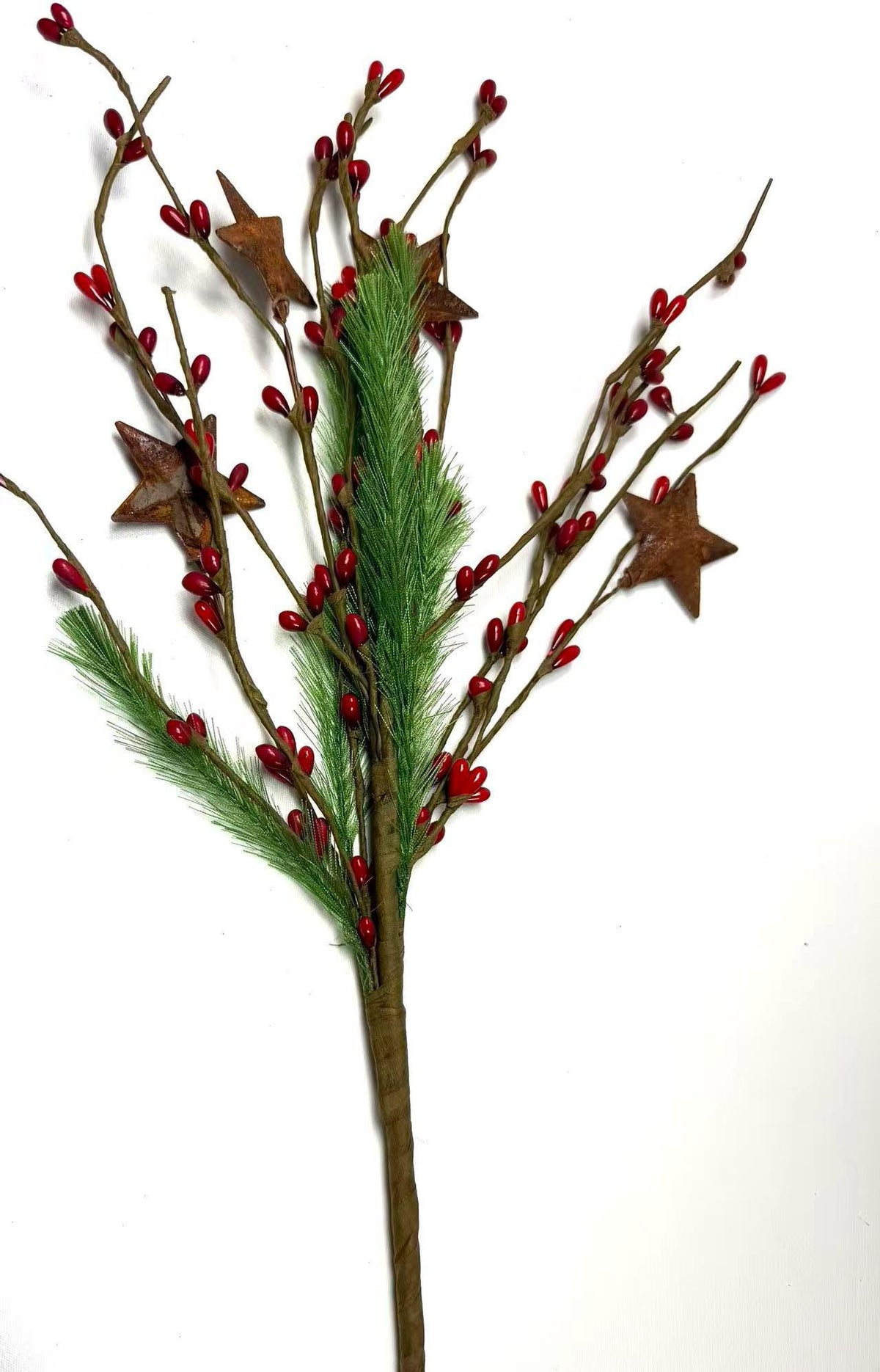 Rustic Christmas Berry Pick with Rusty Stars & Pine | 14” Holiday Farmhouse Floral Stem
