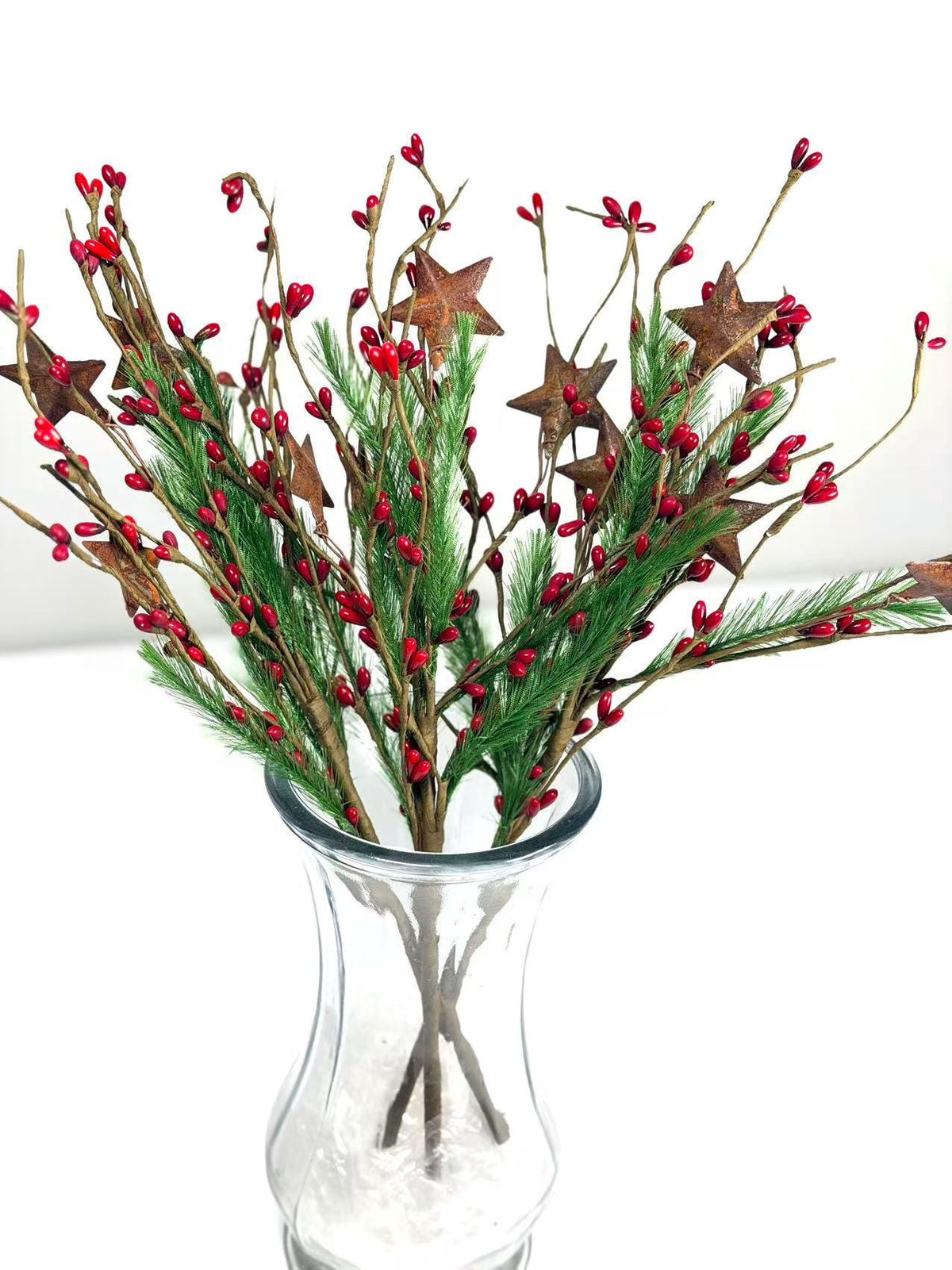 Rustic Christmas Berry Pick with Rusty Stars & Pine | 14” Holiday Farmhouse Floral Stem