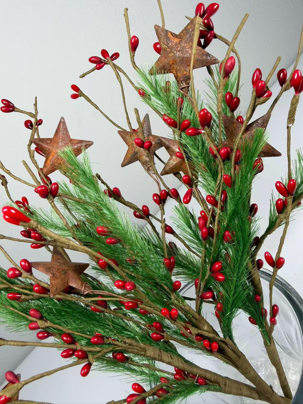 Rustic Christmas Berry Pick with Rusty Stars & Pine | 14” Holiday Farmhouse Floral Stem