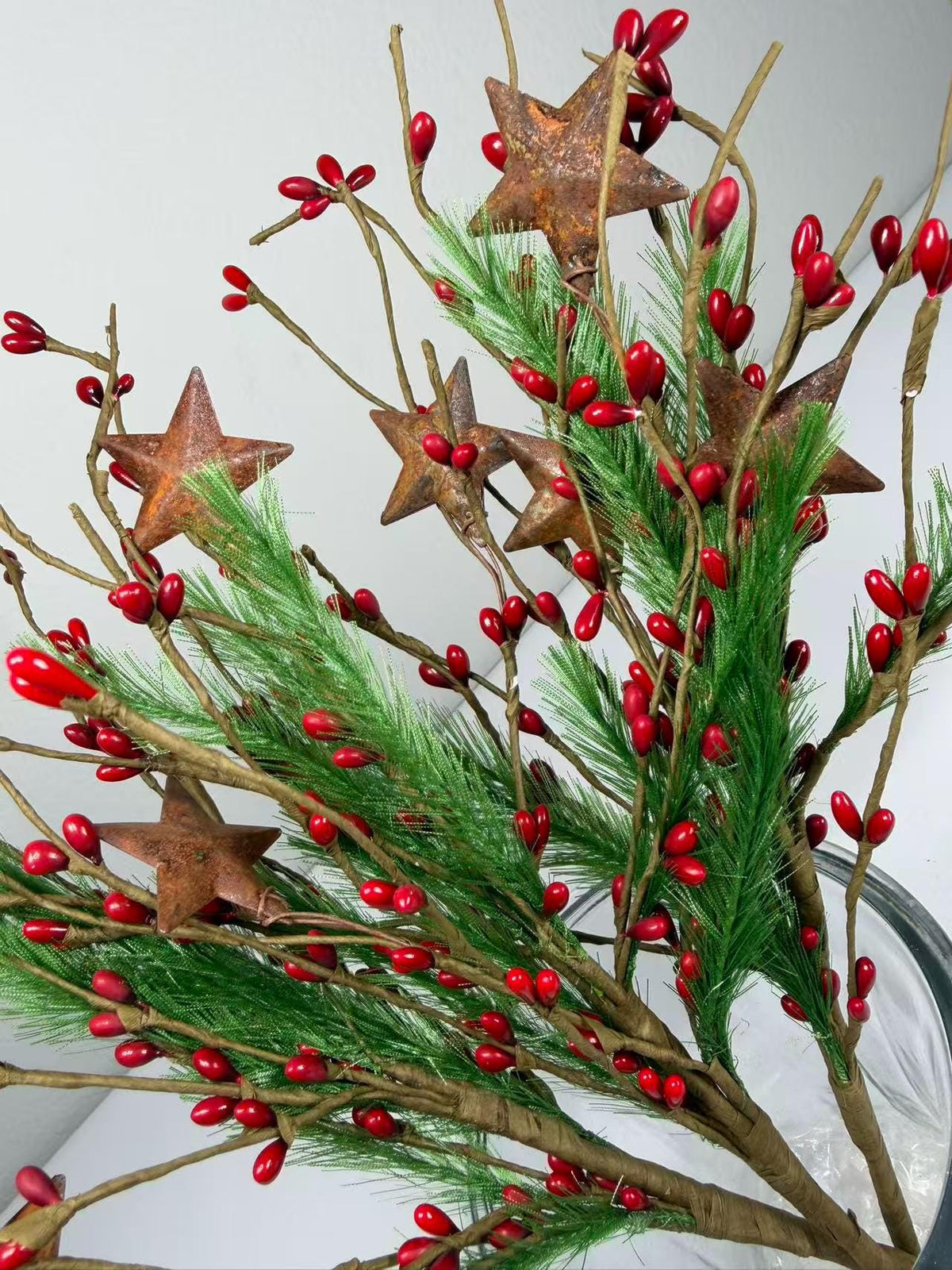 Rustic Christmas Berry Pick with Rusty Stars & Pine | 14” Holiday Farmhouse Floral Stem