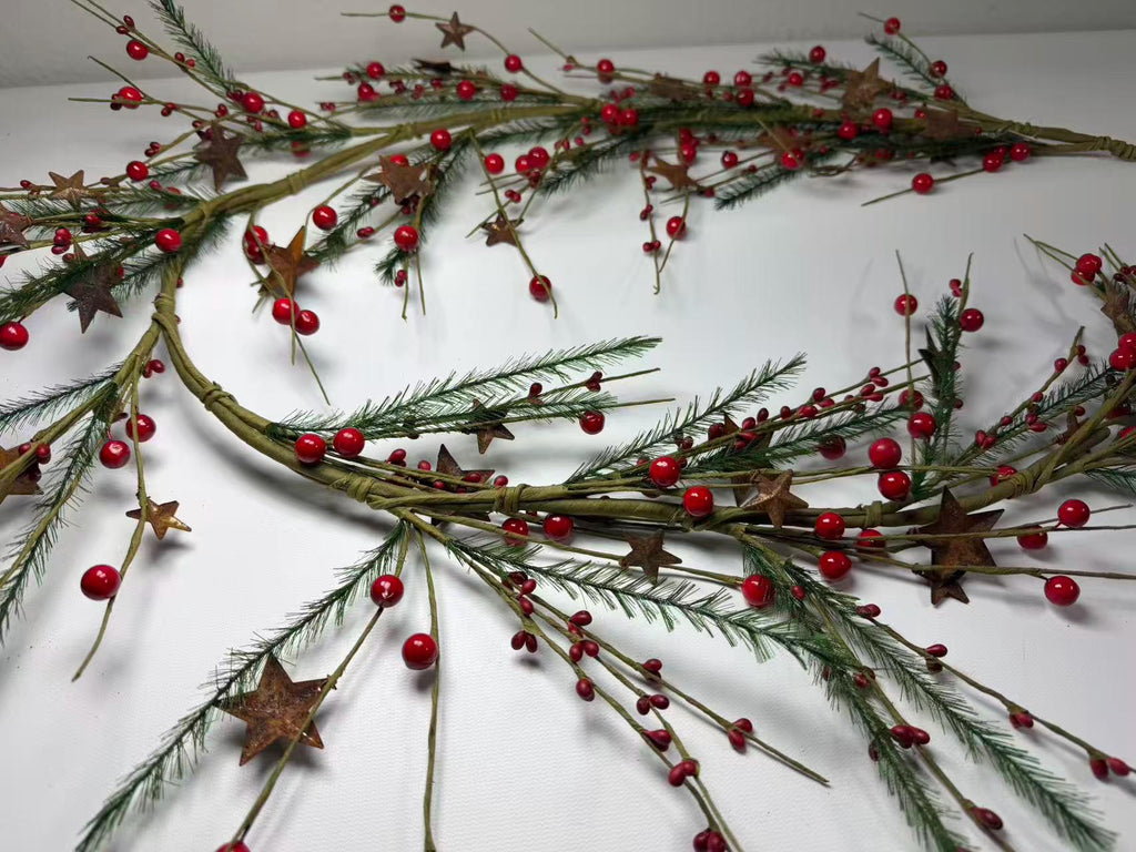 55 Inch Rustic Christmas Garland with Red Berries, Pine Greenery & Metal Stars Farmhouse Decor