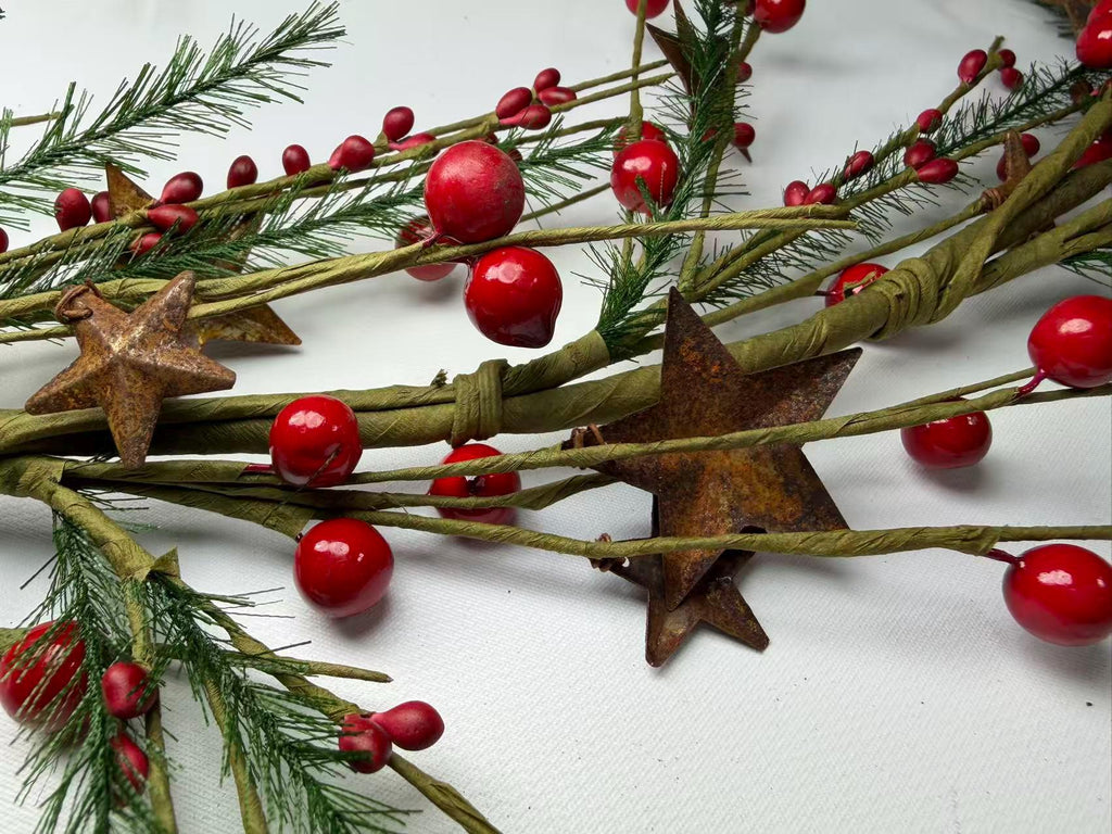 55 Inch Rustic Christmas Garland with Red Berries, Pine Greenery & Metal Stars Farmhouse Decor