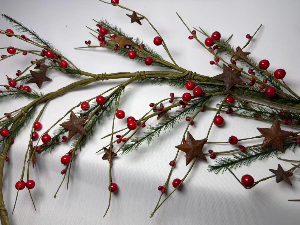 55 Inch Rustic Christmas Garland with Red Berries, Pine Greenery & Metal Stars Farmhouse Decor