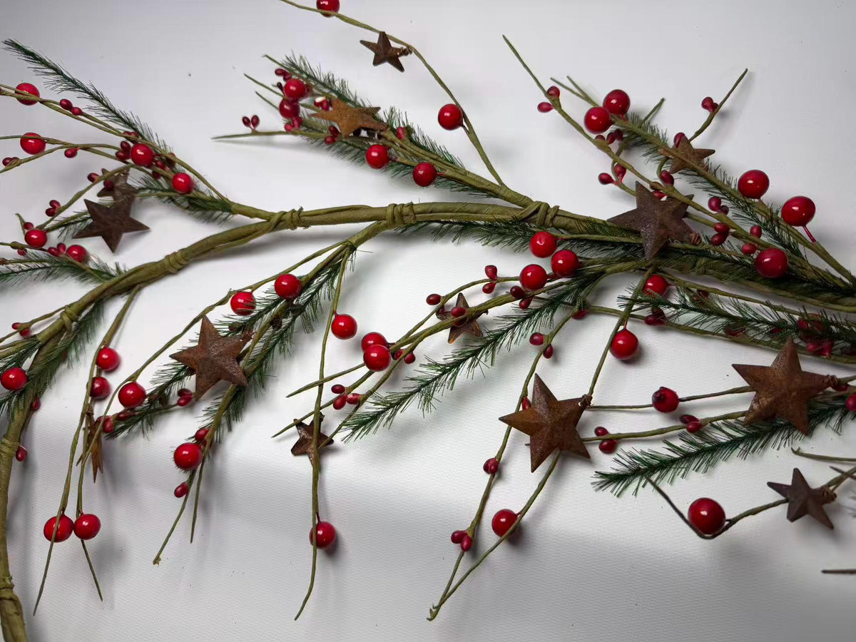 55 Inch Rustic Christmas Garland with Red Berries, Pine Greenery & Metal Stars Farmhouse Decor