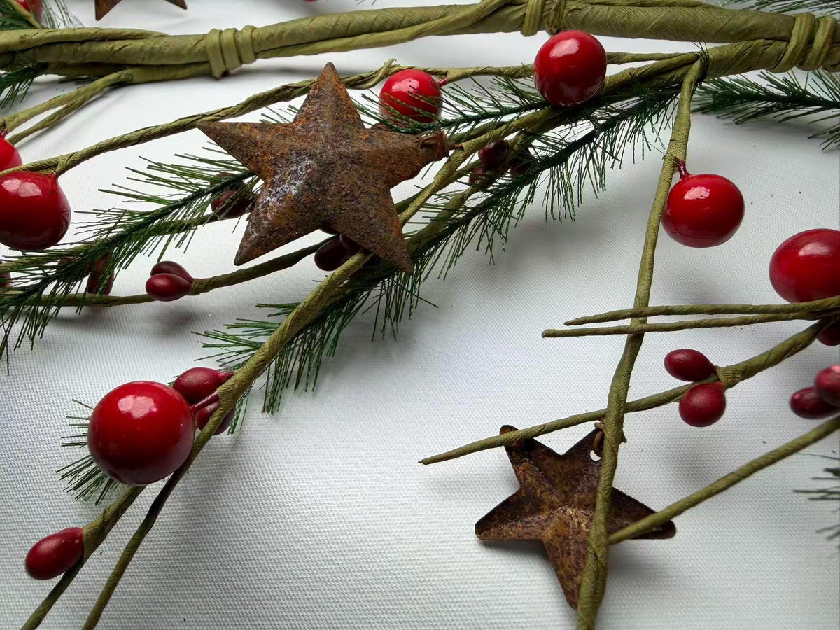 55 Inch Rustic Christmas Garland with Red Berries, Pine Greenery & Metal Stars Farmhouse Decor