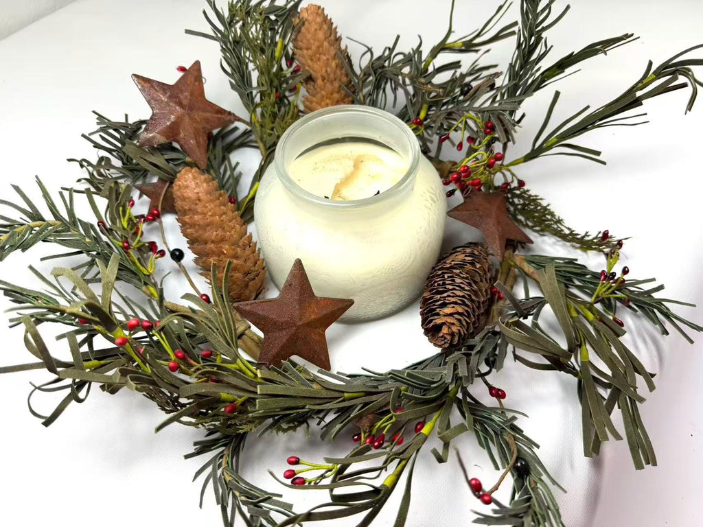 Rustic Pinecone Candle Ring with Rusty Stars and Red Berries | 6.5” Winter Christmas Wreath