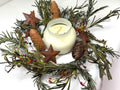 Rustic Pinecone Candle Ring with Rusty Stars and Red Berries | 6.5” Winter Christmas Wreath