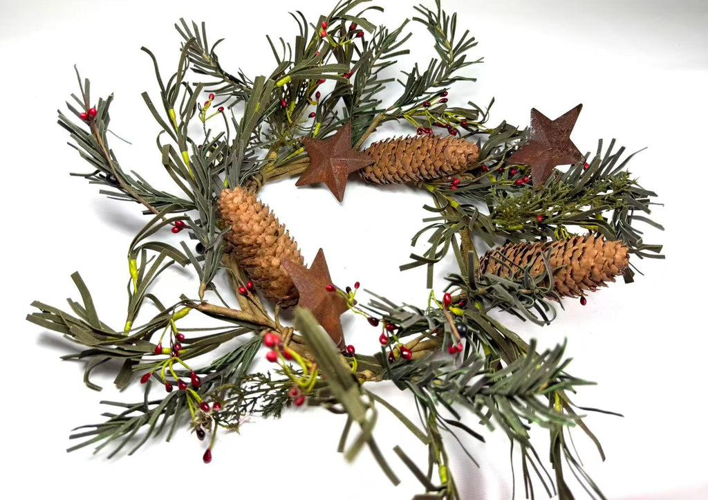Rustic Pinecone Candle Ring with Rusty Stars and Red Berries | 6.5” Winter Christmas Wreath