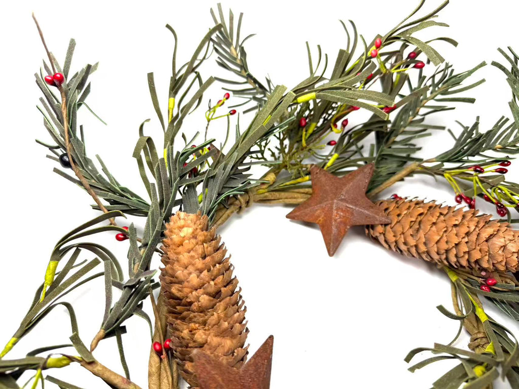 Rustic Pinecone Candle Ring with Rusty Stars and Red Berries | 6.5” Winter Christmas Wreath