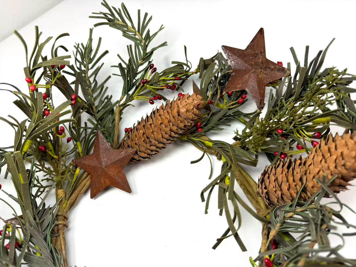 Rustic Pinecone Candle Ring with Rusty Stars and Red Berries | 6.5” Winter Christmas Wreath