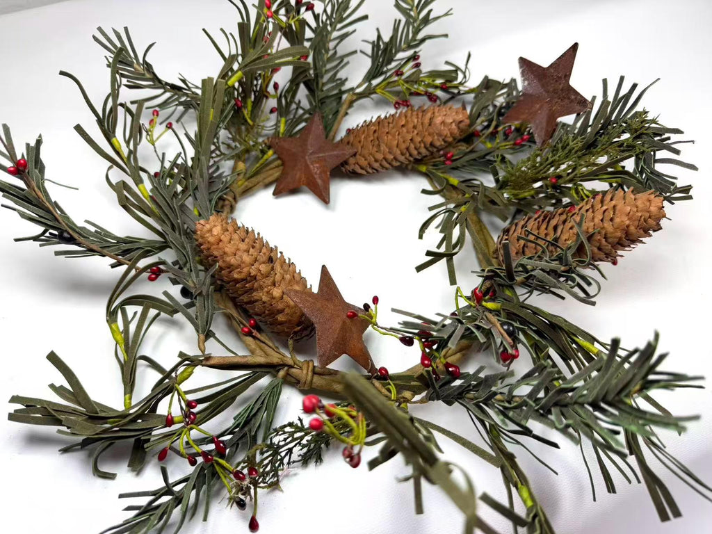 Rustic Pinecone Candle Ring with Rusty Stars and Red Berries | 6.5” Winter Christmas Wreath