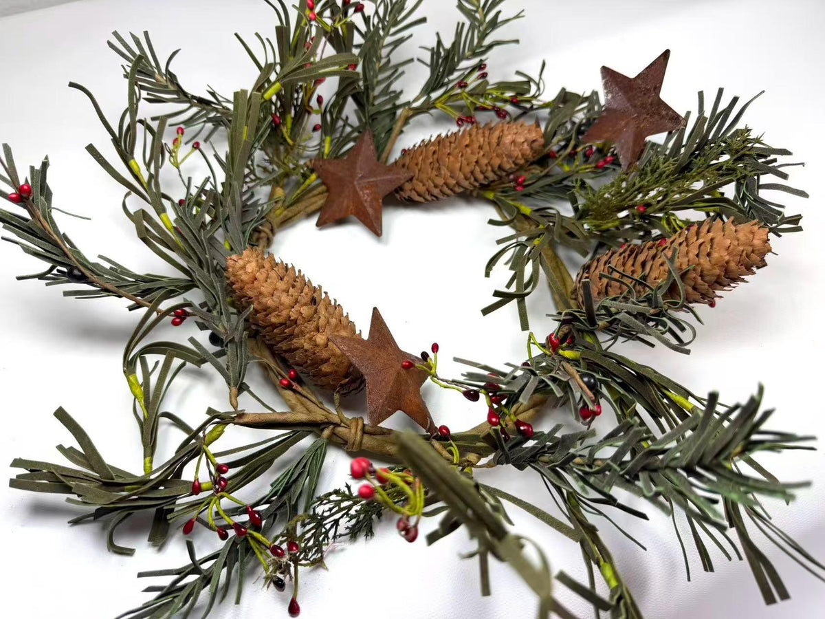 Rustic Pinecone Candle Ring with Rusty Stars and Red Berries | 6.5” Winter Christmas Wreath