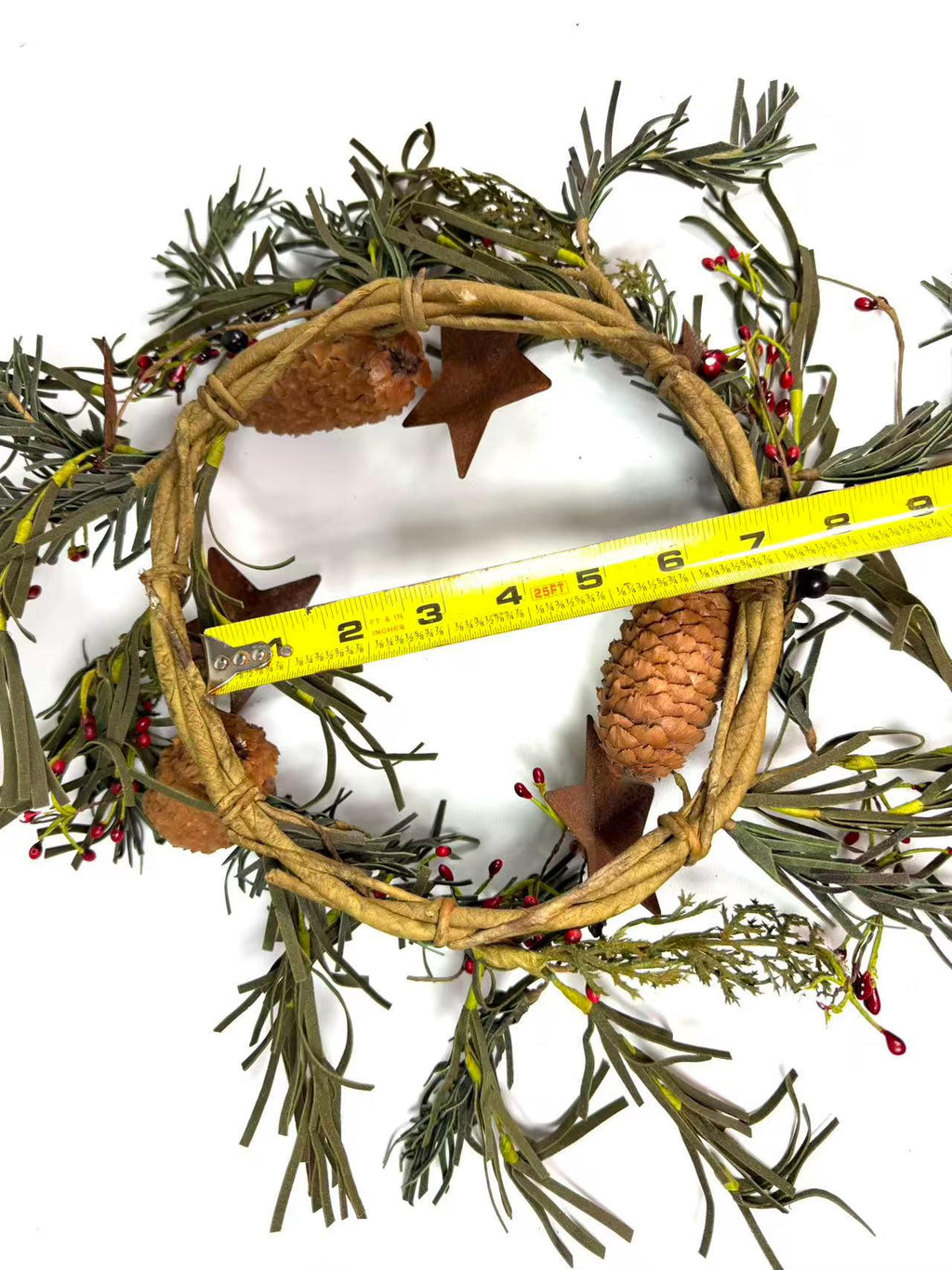 Rustic Pinecone Candle Ring with Rusty Stars and Red Berries | 6.5” Winter Christmas Wreath