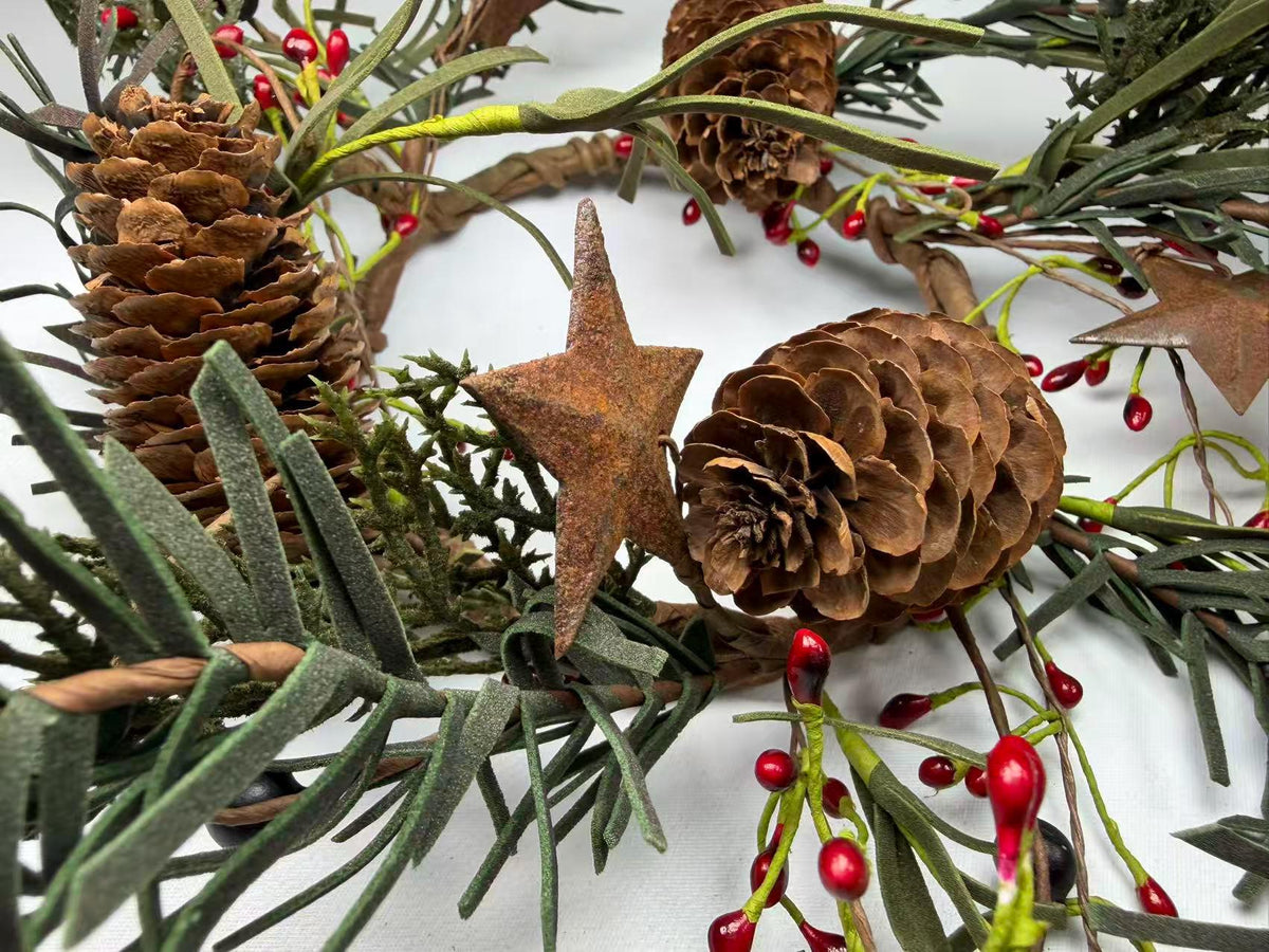Rustic Pinecone Candle Ring with Rusty Stars and Red Berries | 4.5” Winter Christmas Wreath
