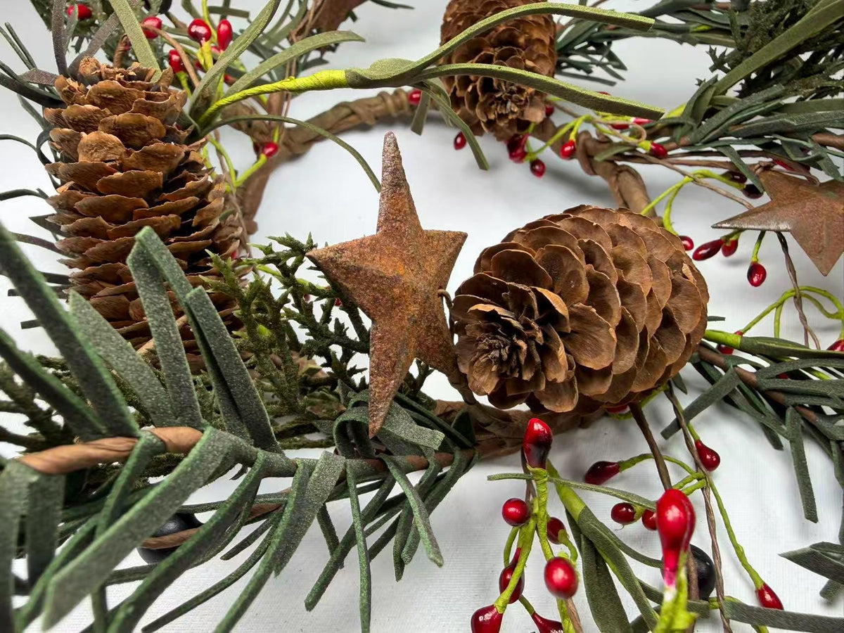 Rustic Pinecone Candle Ring with Rusty Stars and Red Berries | 4.5” Winter Christmas Wreath