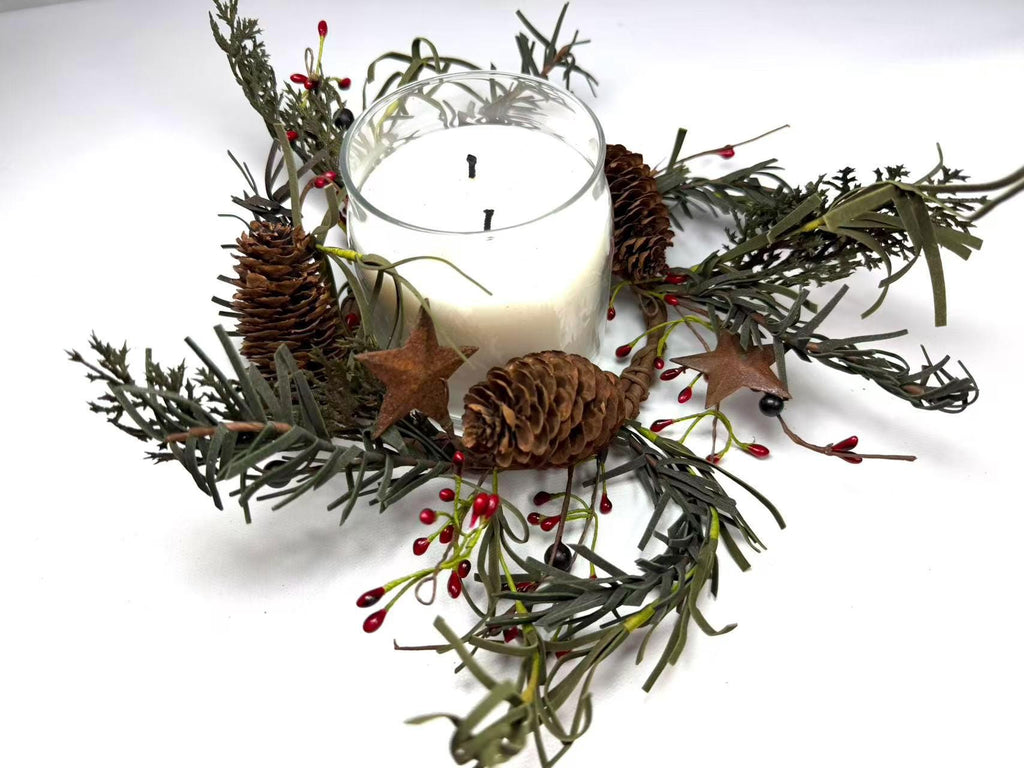 Rustic Pinecone Candle Ring with Rusty Stars and Red Berries | 4.5” Winter Christmas Wreath
