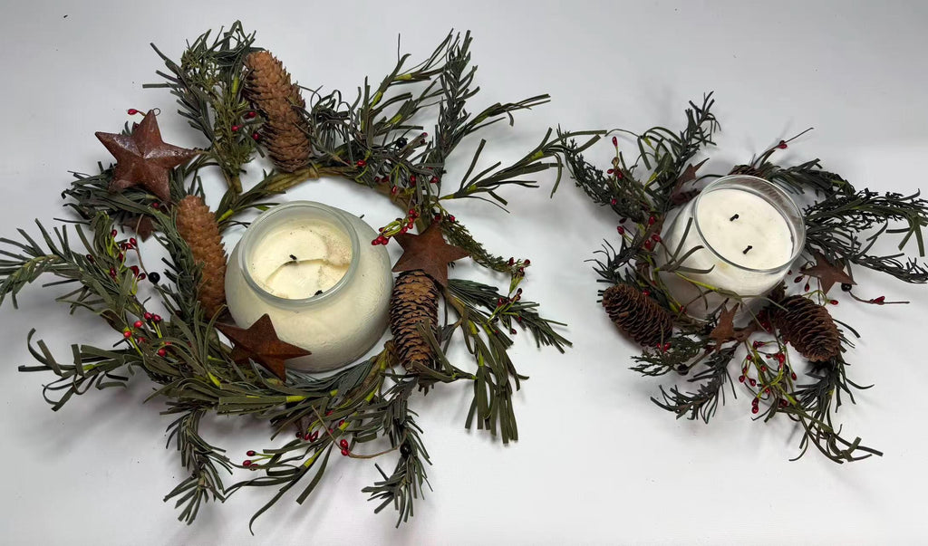 Rustic Pinecone Candle Ring with Rusty Stars and Red Berries | 4.5” Winter Christmas Wreath