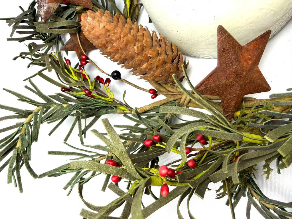 Rustic Pinecone Candle Ring with Rusty Stars and Red Berries | 4.5” Winter Christmas Wreath