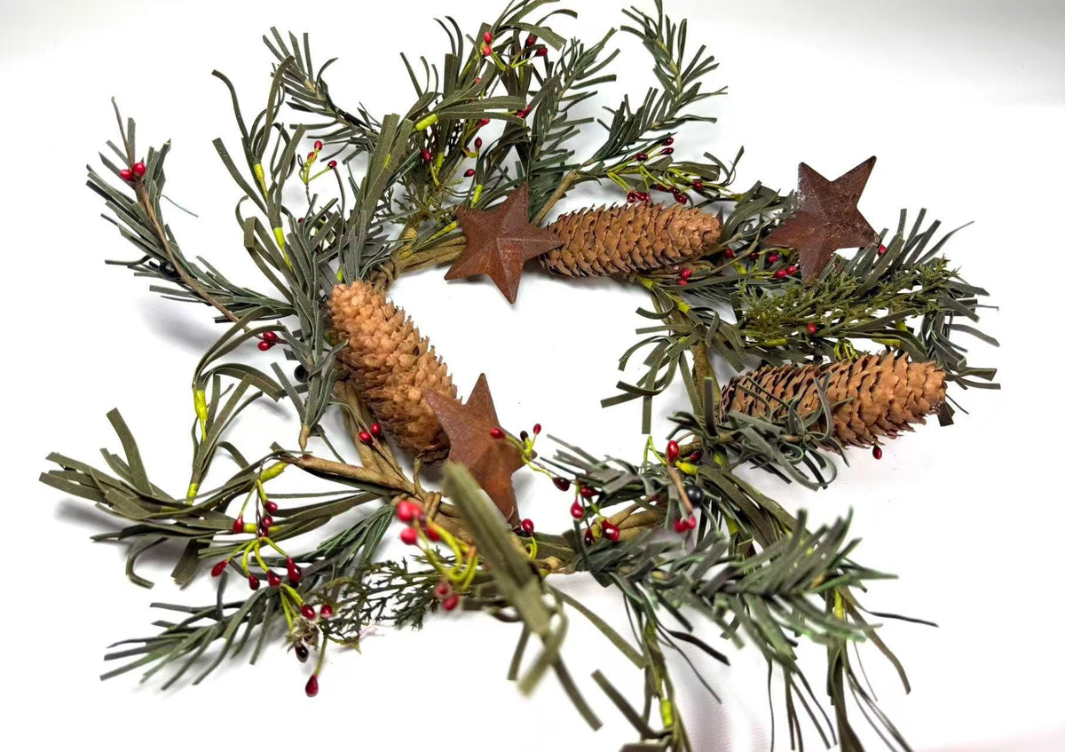 Rustic Pinecone Candle Ring with Rusty Stars and Red Berries | 4.5” Winter Christmas Wreath