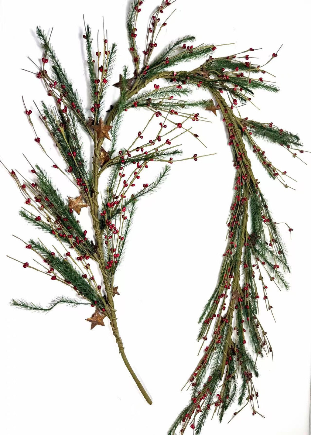 Rustic Christmas Garland with Red Pip Berries & Pine - Farmhouse Holiday Decor with Rusty Stars