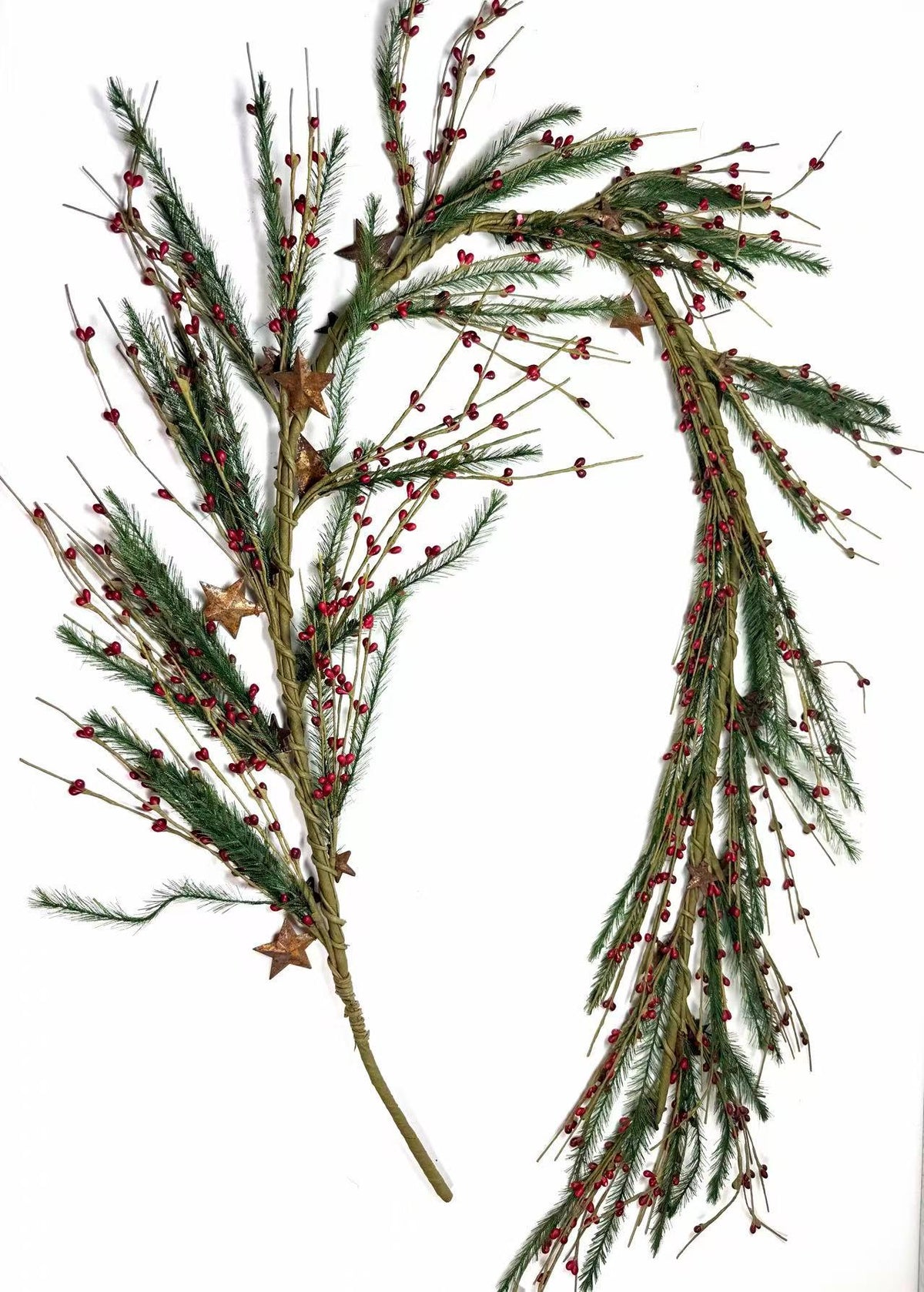 Rustic Christmas Garland with Red Pip Berries & Pine - Farmhouse Holiday Decor with Rusty Stars