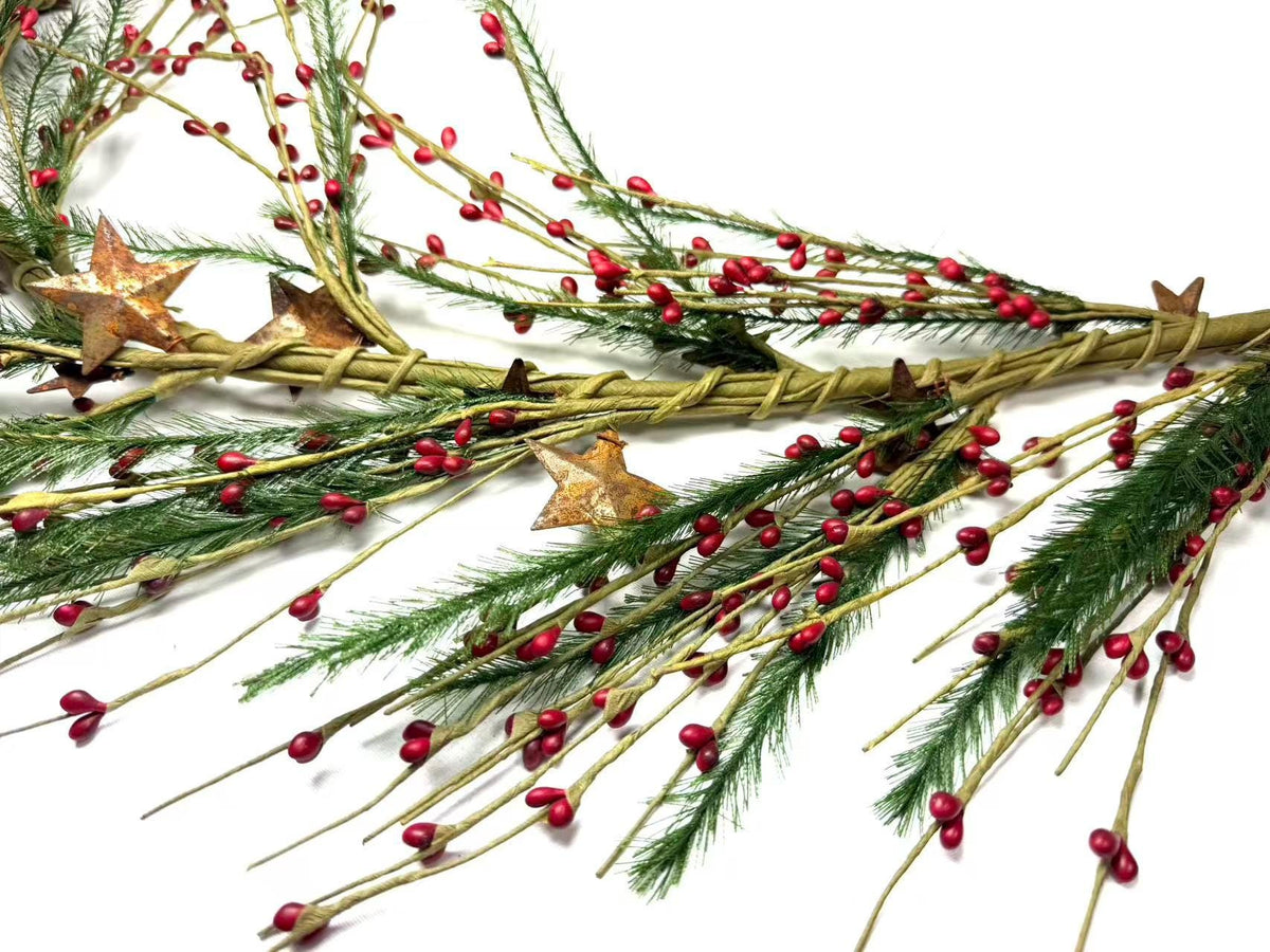 Rustic Christmas Garland with Red Pip Berries & Pine - Farmhouse Holiday Decor with Rusty Stars