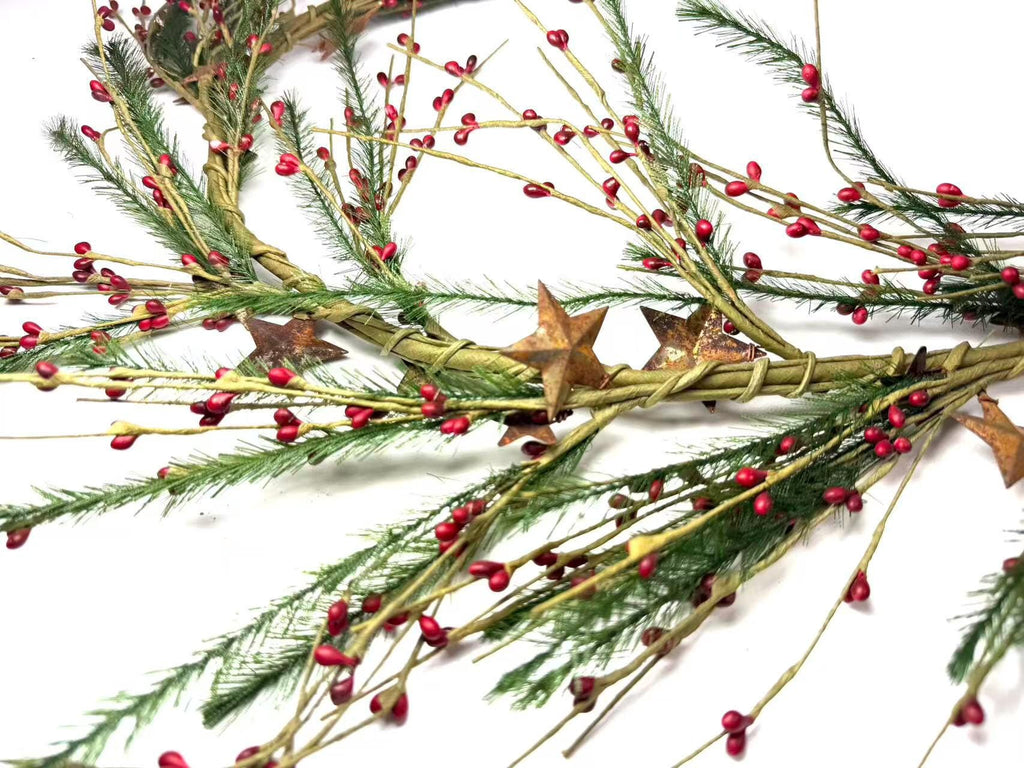 Rustic Christmas Garland with Red Pip Berries & Pine - Farmhouse Holiday Decor with Rusty Stars