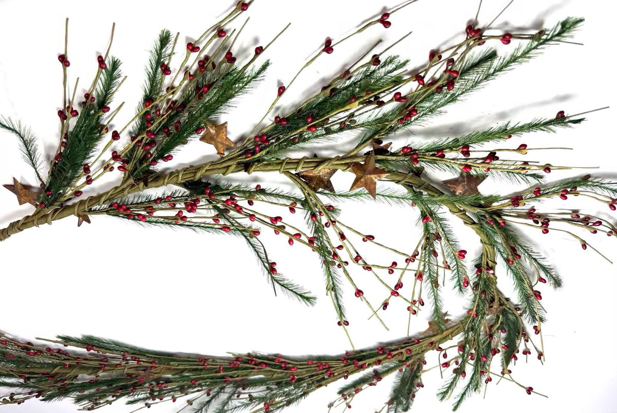 Rustic Christmas Garland with Red Pip Berries & Pine - Farmhouse Holiday Decor with Rusty Stars