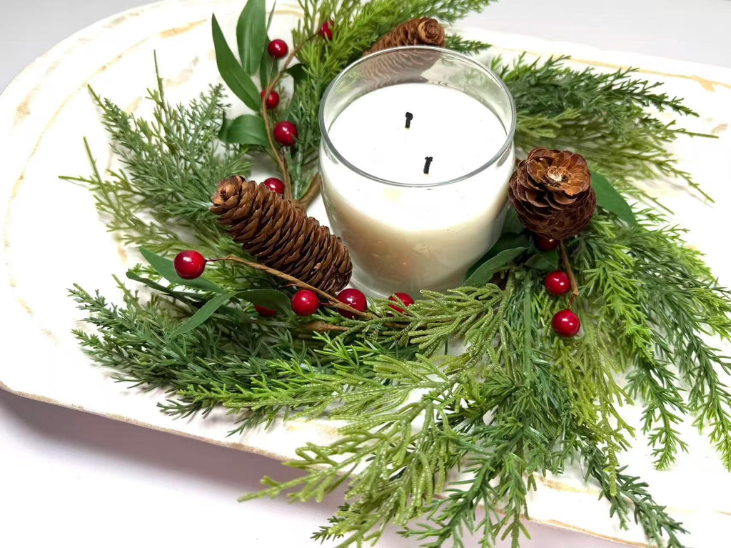 Real Touch Pine Candle Ring 4.5” Inner | Winter Berry Wreath Christmas Table Decor