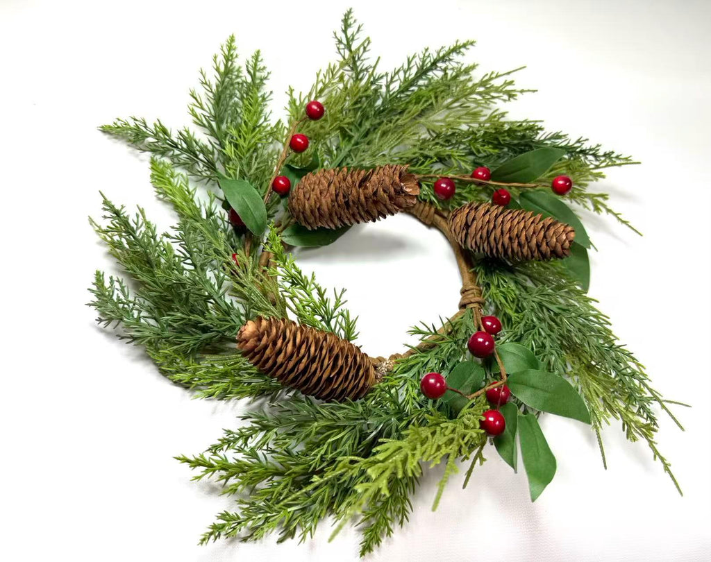Real Touch Pine Candle Ring 4.5” Inner | Winter Berry Wreath Christmas Table Decor