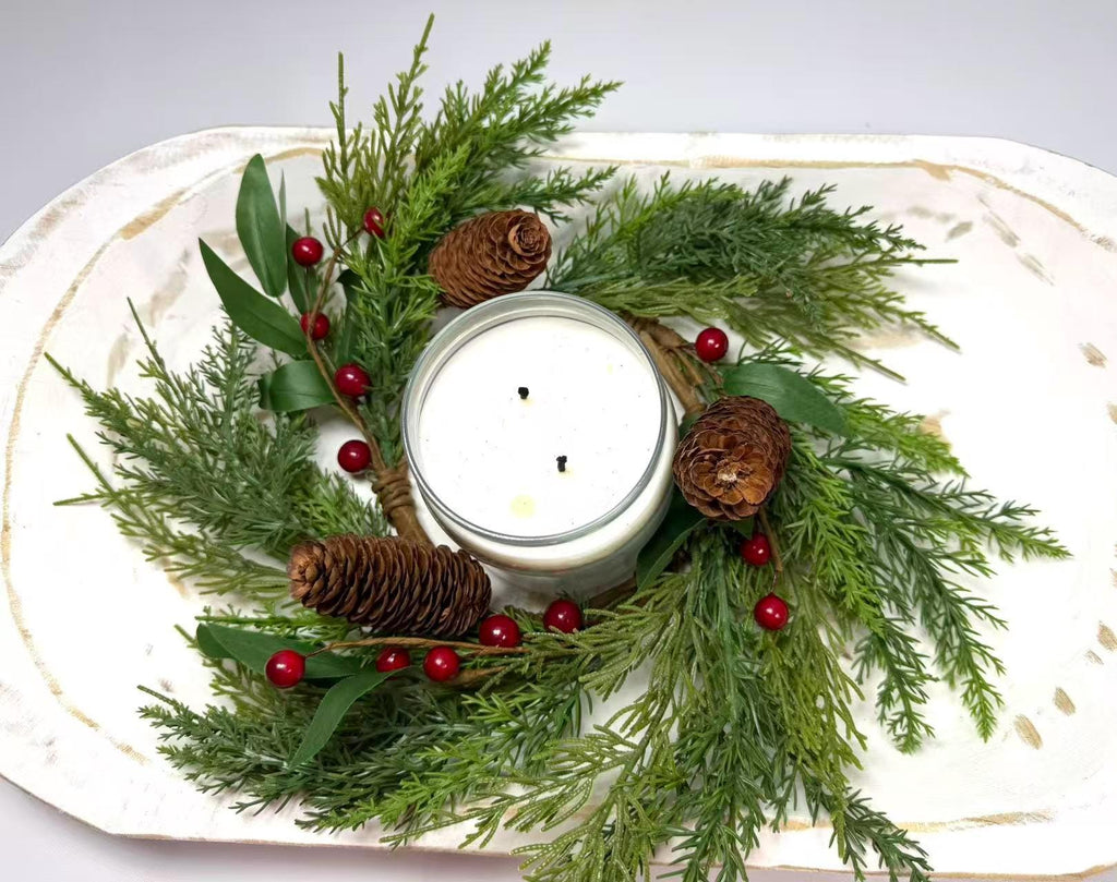 Real Touch Pine Candle Ring 4.5” Inner | Winter Berry Wreath Christmas Table Decor