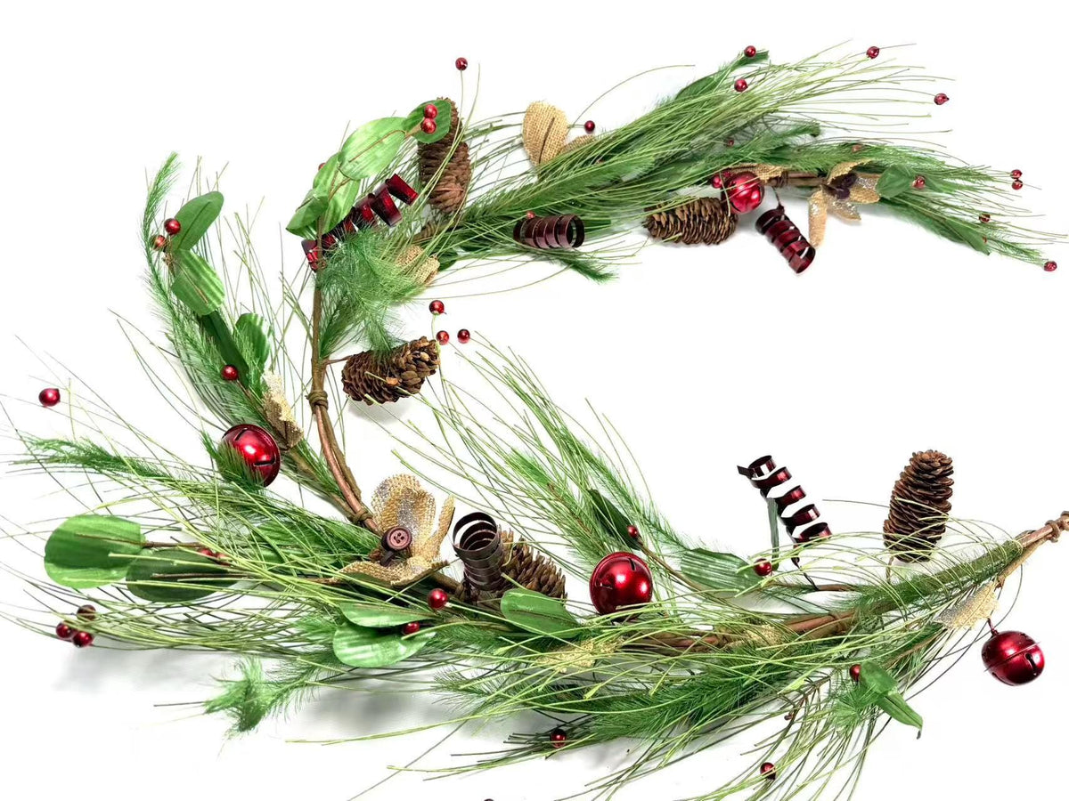 Christmas Pine Garland: 60" Bells, Berries & Burlap Flowers